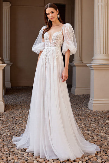 Ivory A Line Half Sleeves Wedding Dress with Lace